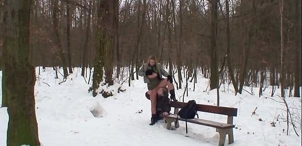  Old Guy Seduce Curvy Nylon Teen to Fuck Outdoor in Snow